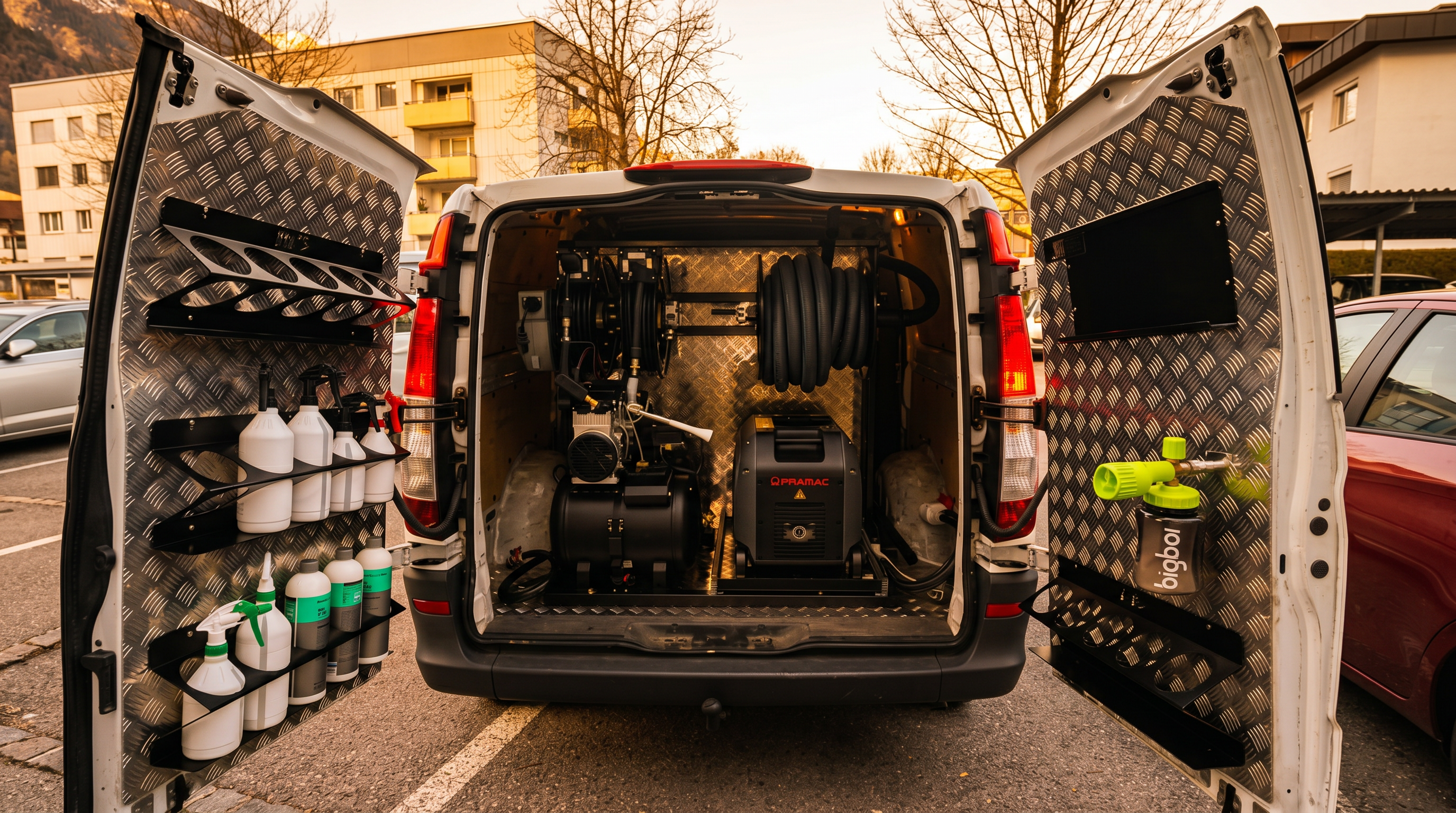 Glanzpilot Servicefahrzeug von hinten geöffnet — Profi-Equipment im Golden-Hour-Licht